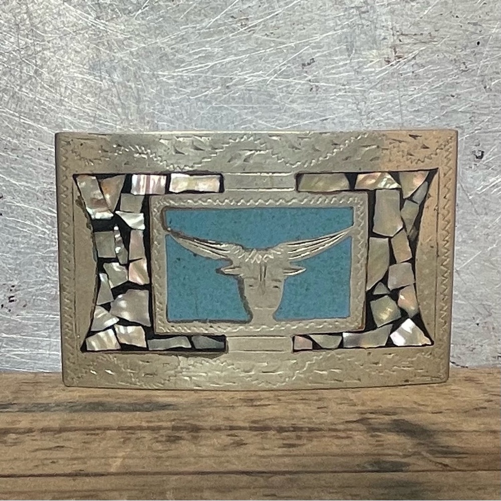 Vintage Handcrafted Southwest Silver Belt Buckle with Abalone Inlay